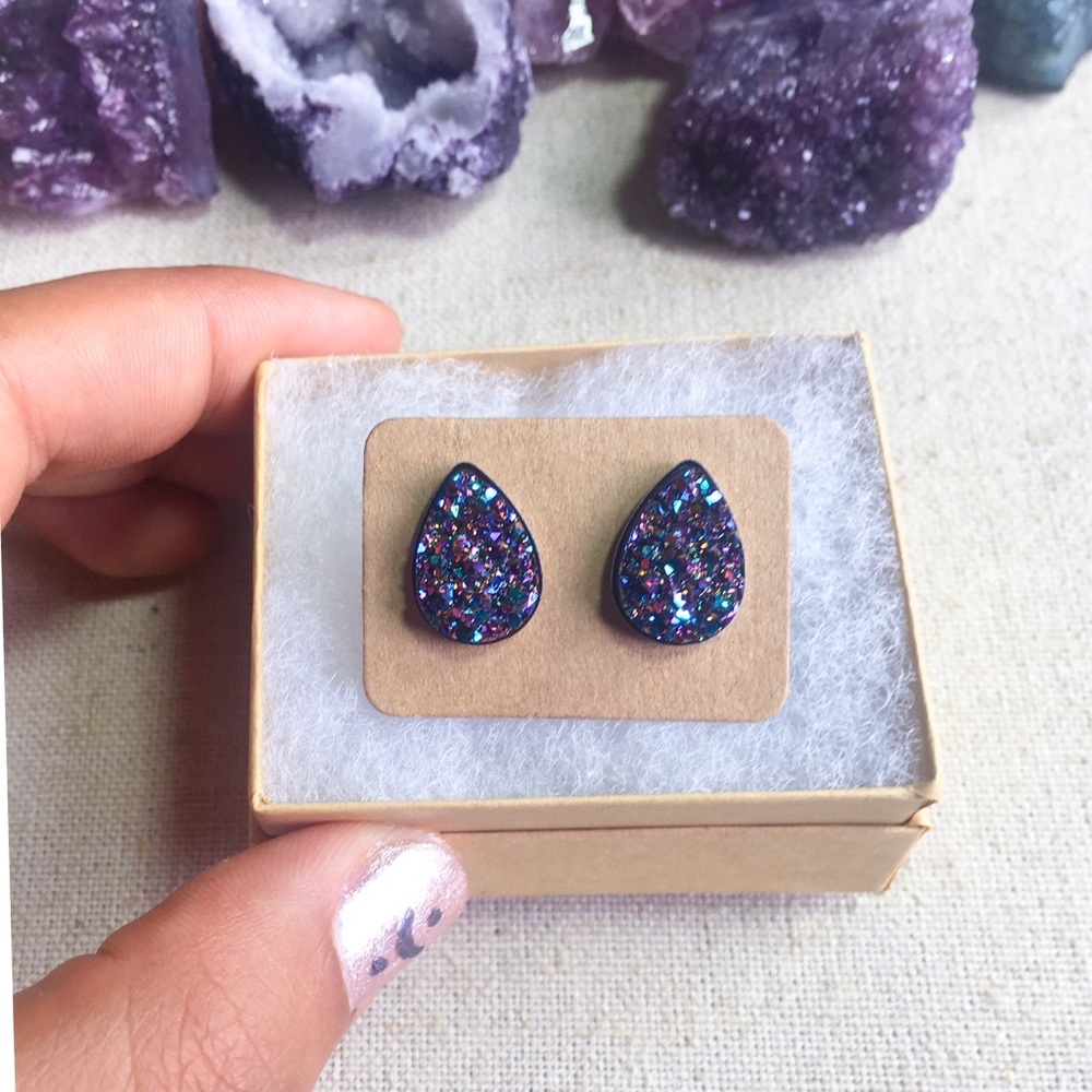 Mystic Purple Teardrop Druzy Studs Hypoallergenic - Picture 5 of 5